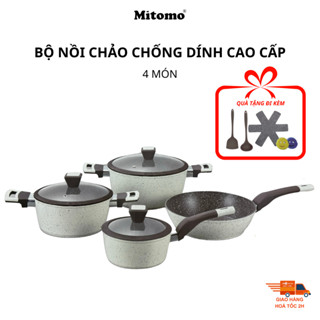 Bộ nồi chảo đá chống dính màu cream cao cấp chính hãng dùng cho bếp từ, bếp ga Mitomo Giyoca