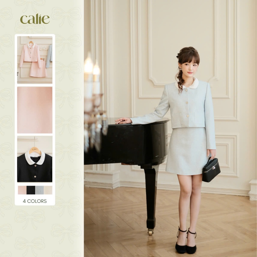 Chân váy dạ tweed dáng lửng cổ rời, chất liệu dạ xương cá, thanh lịch, sang trọng thời trang Calie A