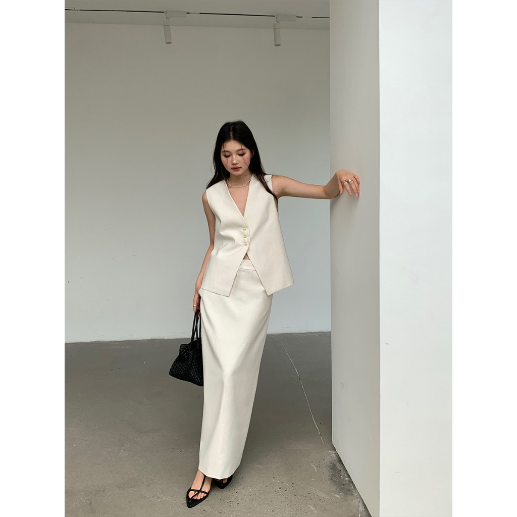 Set linen áo gile phối chân váy suông, Set đồ nữ, Set gile linen