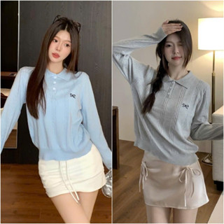 Áo dài tay polo nữ len mongtoghi dệt kim kiểu cổ bẻ form rộng kẻ sọc len xoắn thêu nơ Quảng Châu CC