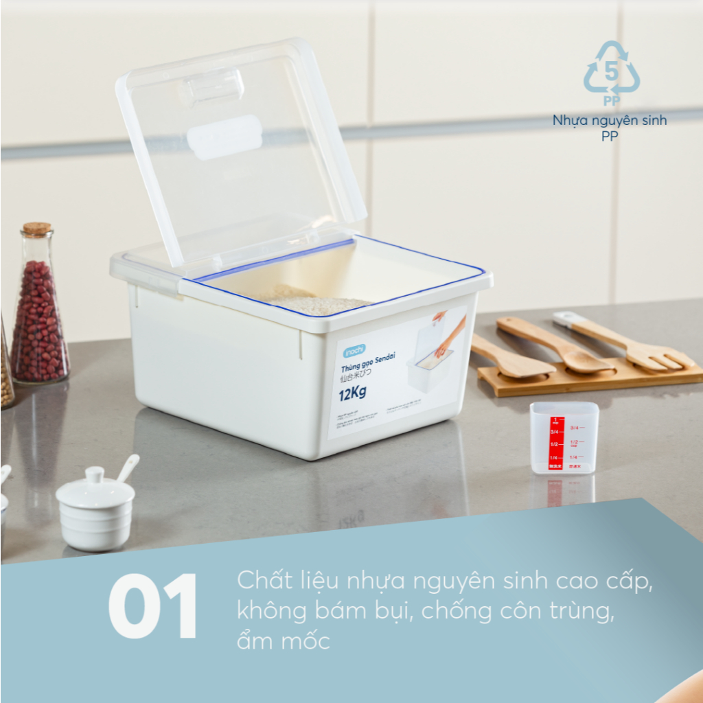 Thùng gạo cao cấp INOCHI 12Kg (tiêu chuẩn Nhật Bản) - Kèm cốc đong