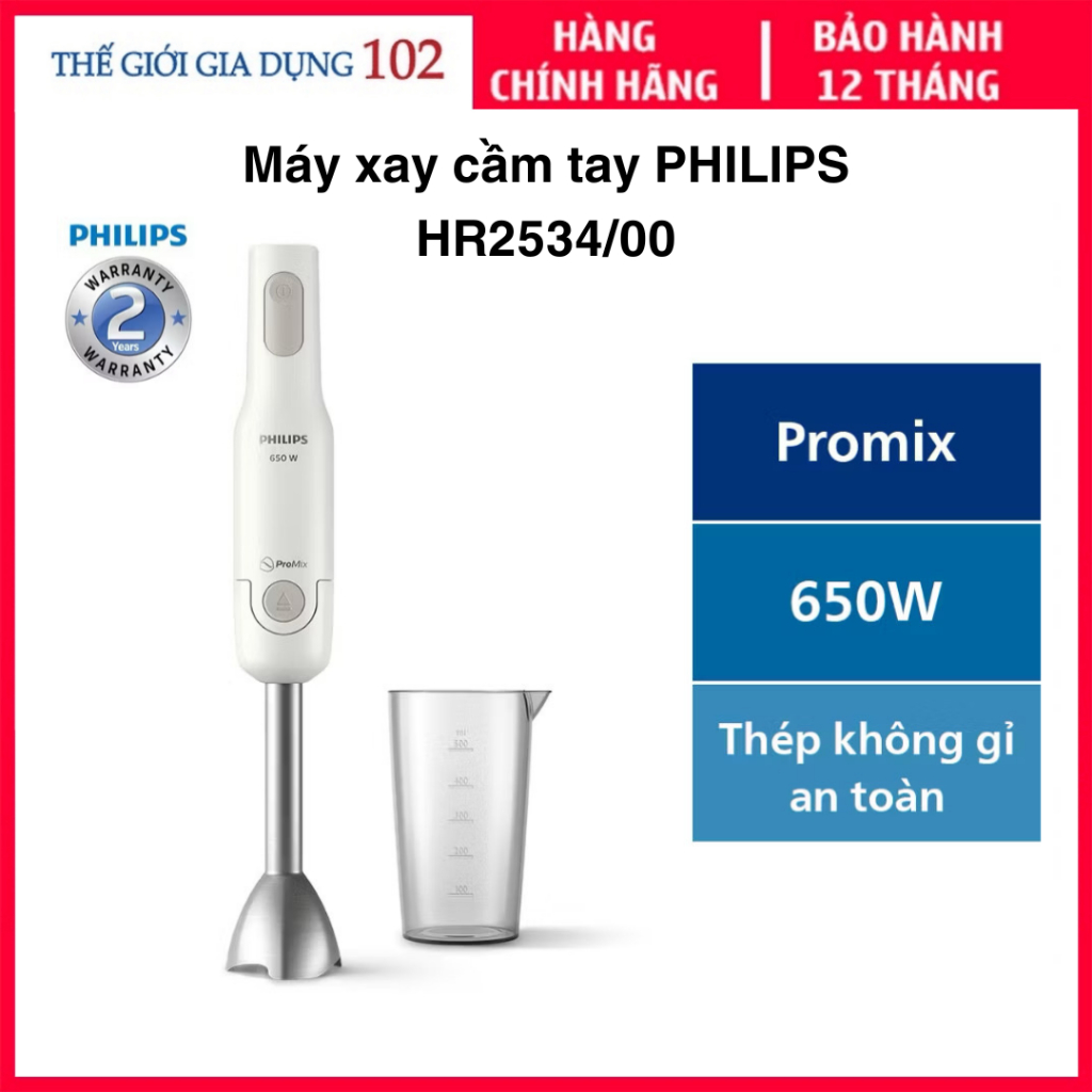 Máy Xay Cầm Tay Philips ProMix HR2534/00, Công Suất 650W, Hàng Chính Hãng Bảo Hành 24 Tháng