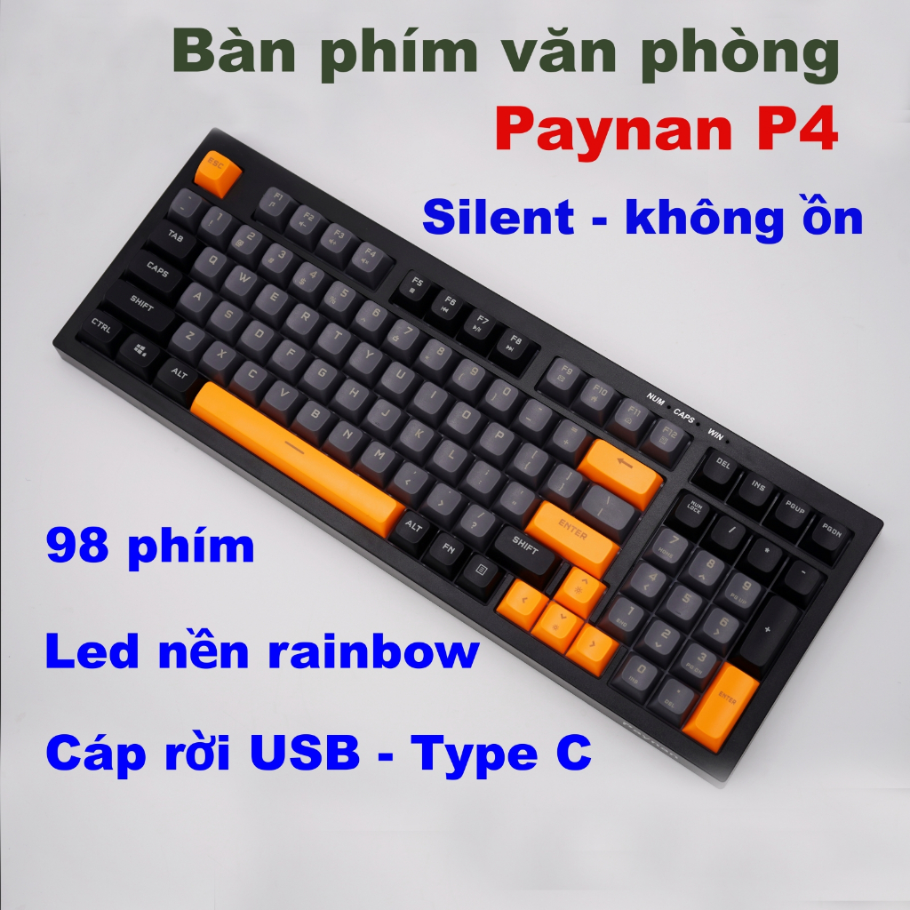 Bàn phím văn phòng Paynan silent chống ồn 98 phím led nền đơn sắc - rainbow keycap mix nhiều màu sắc | BigBuy360 - bigbuy360.vn