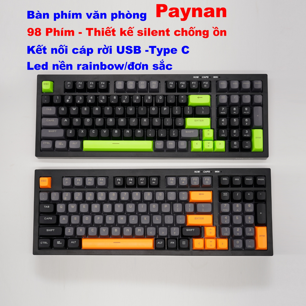 Bàn phím văn phòng Paynan silent chống ồn 98 phím led nền đơn sắc - rainbow keycap mix nhiều màu sắc | BigBuy360 - bigbuy360.vn