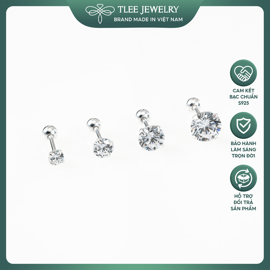 Bông Tai Bạc Tlee Nam Nữ Nụ Đá 925 Chốt Ren Vặn Nhiều Size Cá Tính Tlee Jewelry B0338