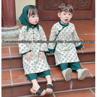   7-35kg  bộ áo dài cặp Ngọc Phúc áo gấm quần lụa  KÈM QUẦN  cho bé trai bé gái mặc đi chơi Lễ Hội Lễ Tết 