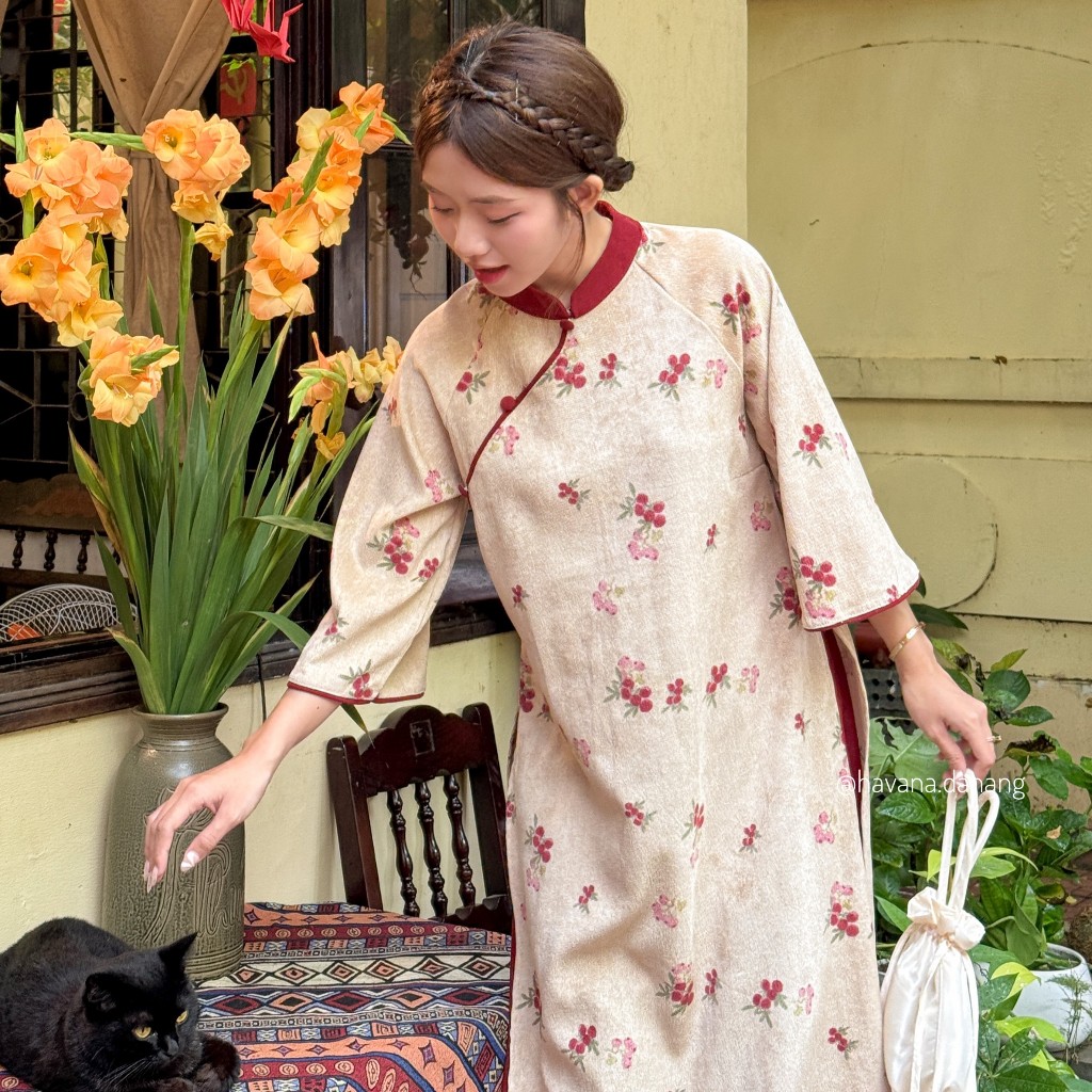 [PREMIUM] Áo dài cách tân TỬ KỲ nhung chéo kèm quần nhung chéo phối dây buộc nơ HAVANA AD104 | BigBuy360 - bigbuy360.vn