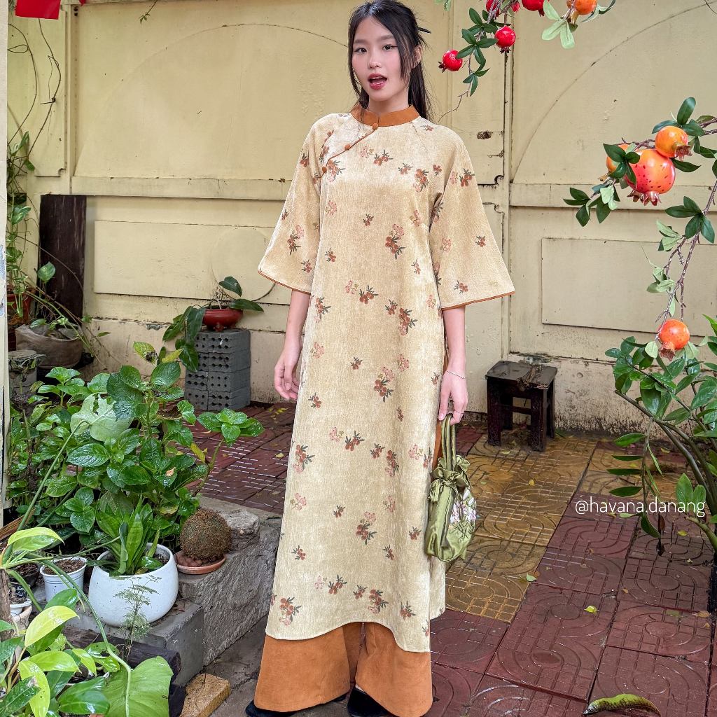 [PREMIUM] Áo dài cách tân TỬ KỲ nhung chéo kèm quần nhung chéo phối dây buộc nơ HAVANA AD104 | BigBuy360 - bigbuy360.vn