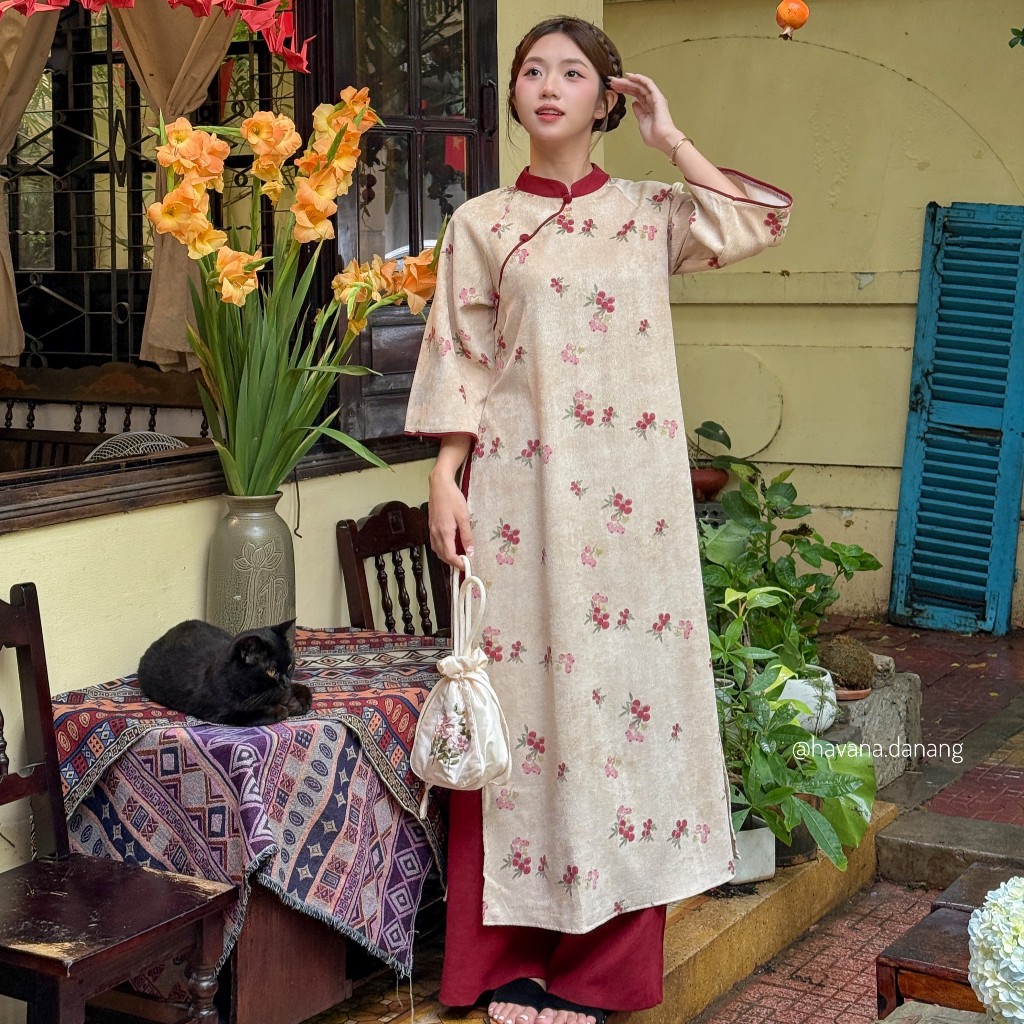 [PREMIUM] Áo dài cách tân TỬ KỲ nhung chéo kèm quần nhung chéo phối dây buộc nơ HAVANA AD104 | BigBuy360 - bigbuy360.vn