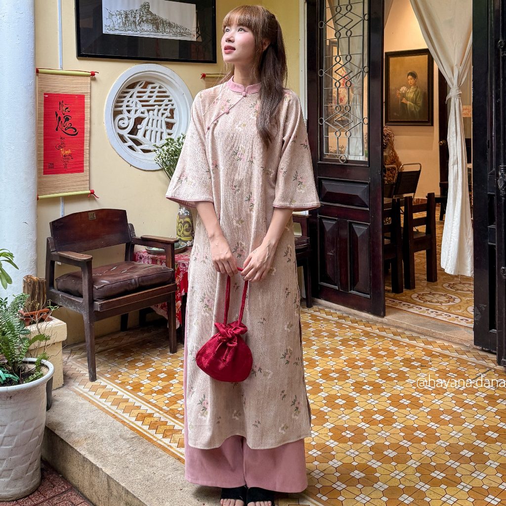 [PREMIUM] Áo dài cách tân TỬ KỲ nhung chéo kèm quần nhung chéo phối dây buộc nơ HAVANA AD104 | BigBuy360 - bigbuy360.vn