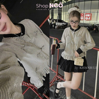 Set váy thiết kế thanh lịch cực xinh cho nàng đi chơi set áo tay dài kẻ sọc đính nơ phối chân váy ngắn xòe bí phồng qc