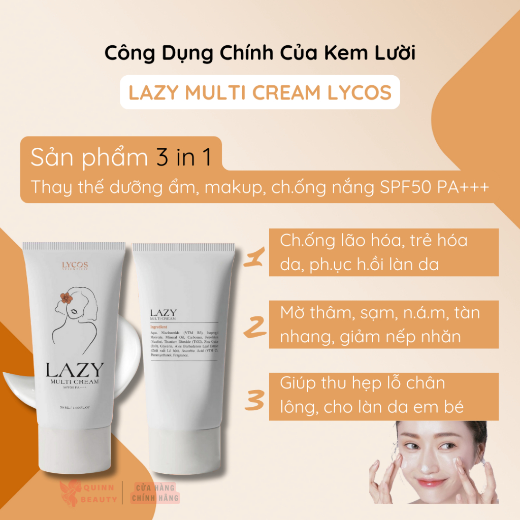 Kem Lười Che Khuyết Điểm LAZY MULTI CREAM LYCOS - Kem giúp làn da trắng sáng, chống nắng, che khuyết điểm - QUINN BEAUTY