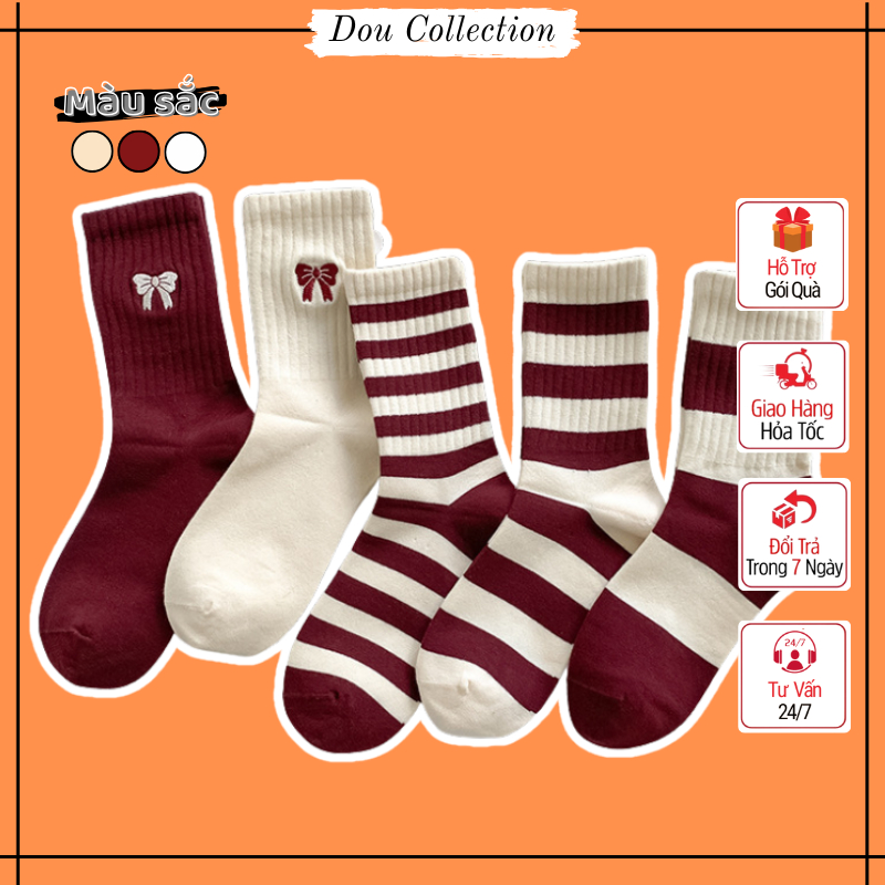 Vớ Tất Unisex, Vớ Tất Cổ Cao Hoạ Tiết Nơ Và Sọc Màu Đỏ Nhiều Kiểu Chất Cotton Phong Cách Vintage Tiểu Thư - Mã TVC107