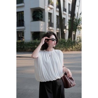    BOHEE   Áo thun cổ tròn thiết kế xếp li màu trắng - A451 