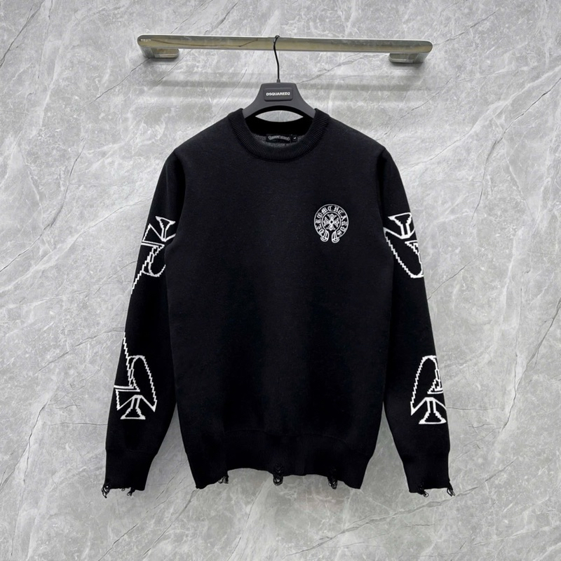  Áo sweater len dài tay nam nữ Chrome Hearts dệt hoạ tiết thánh giá băng rôn quấn tròn chữ la mã wash rách viền 