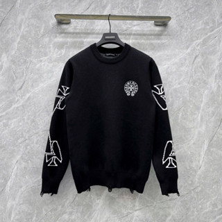 Áo sweater len dài tay nam nữ Chrome Hearts dệt hoạ tiết thánh giá băng rôn quấn tròn chữ la mã wash rách viền