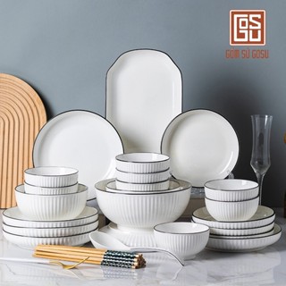 BỘ BÁT ĐĨA SỨ GOSU MÀU TRẮNG VIỀN ĐEN CHẤT LIỆU GỐM SỨ CAO CẤP SÁNG MỊN ĐẸP