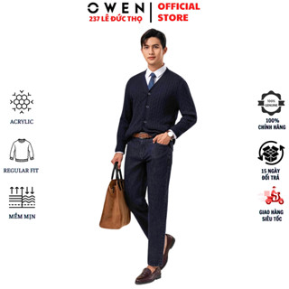 Áo len nam dài tay OWEN ALD241280 màu xanh tím than vải Acrylic cao cấp dáng suông cổ chữ V sâu tay bo gấu giữ ấm tốt