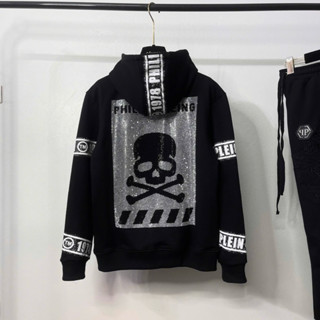 Áo khoác hoodie zip nam nữ Philipp Plein thêu logo dải chữ chéo đính đá đầu lâu cho các boy phố đi chơi 2024