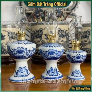  Đèn Dầu Gốm Sứ Bát Tràng Men Lam Vẽ Hoa Sen Đèn Dầu Thắp Ban Thờ Men Lam Bát Tràng 