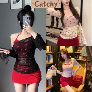 Set bộ nữ áo tay dài lệch vai in nơ kèm bra form croptop phối chân váy ngắn ôm phong cách y2k sang chảnh CATCHYstore