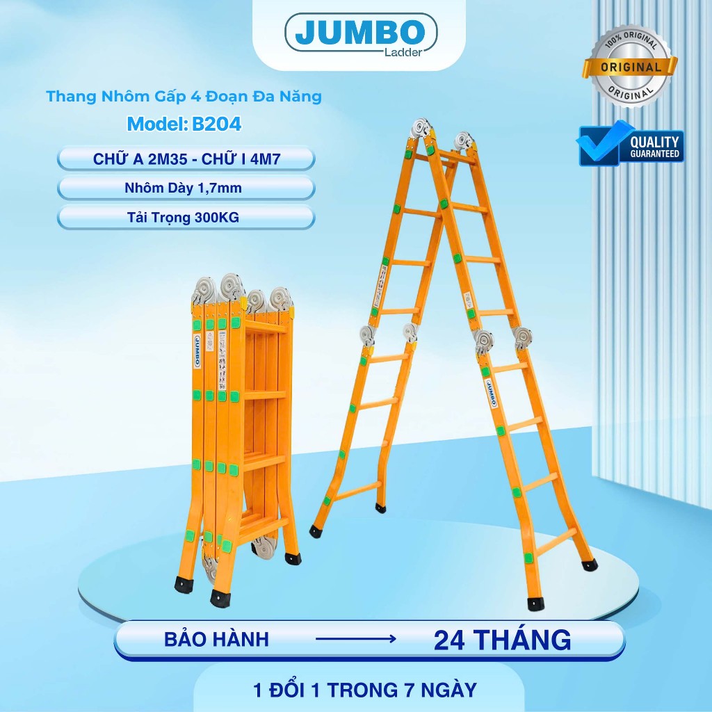 Thang nhôm gấp 4 đoạn JUMBO B204, chữ A cao 2.35m, chữ I cao 4.7m, 14 tư thế sử dụng