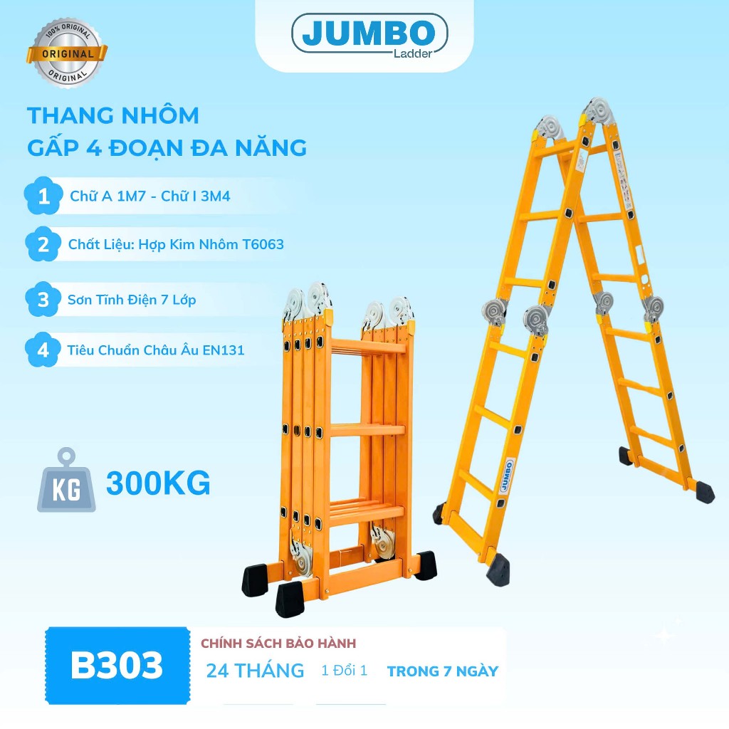 Thang nhôm gấp 4 đoạn JUMBO B303, chữ A cao 1.7m, chữ I cao 3.4m, 14 tư thế sử dụng, sơn tĩnh điện