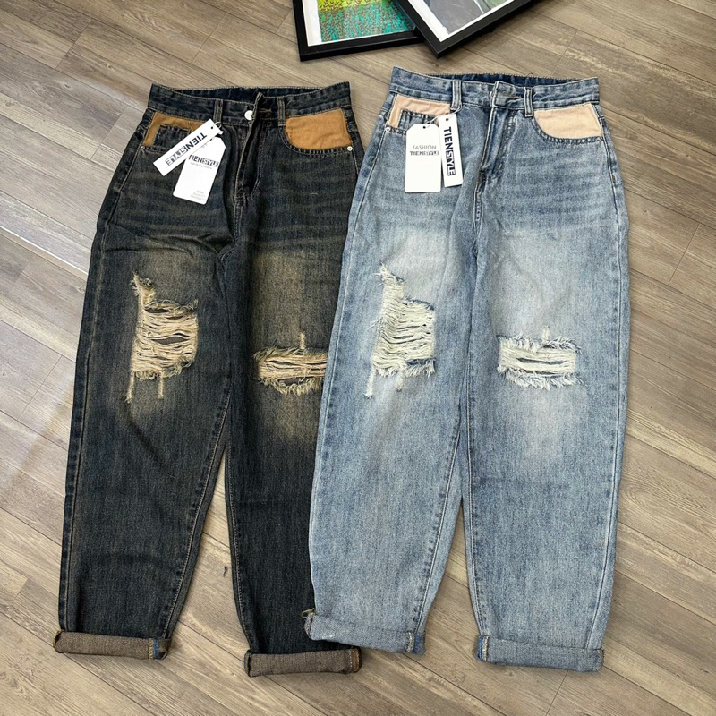 TIENSTYLE - Quần Jean Baggy Nữ Túi Nâu Size Đại, Baggy jean nữ bigsize