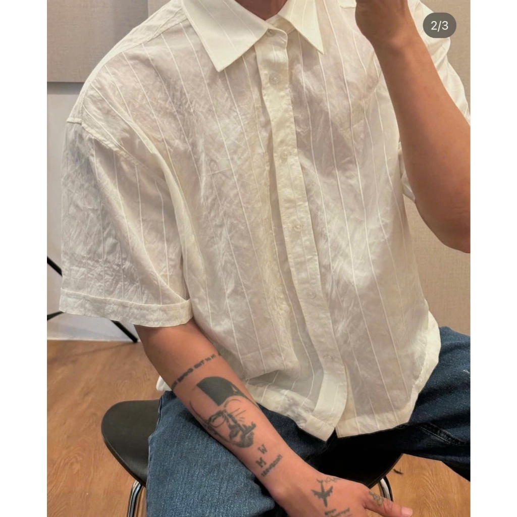 Áo sơ mi boxy 75 tay ngắn thiết kế viền vân nổi Mirror Now