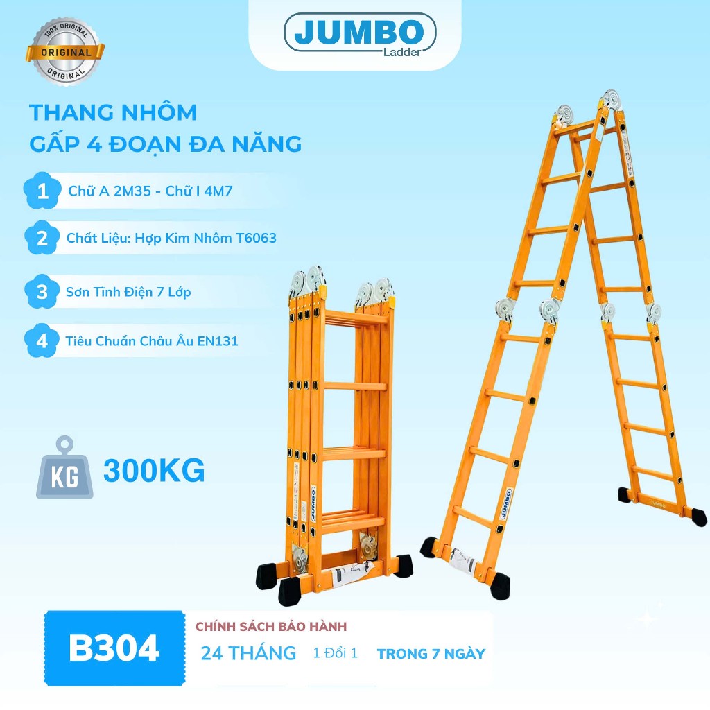 Thang nhôm gấp 4 đoạn JUMBO B304, chữ A cao 2.35m, chữ I cao 4.7m, 14 tư thế sử dụng