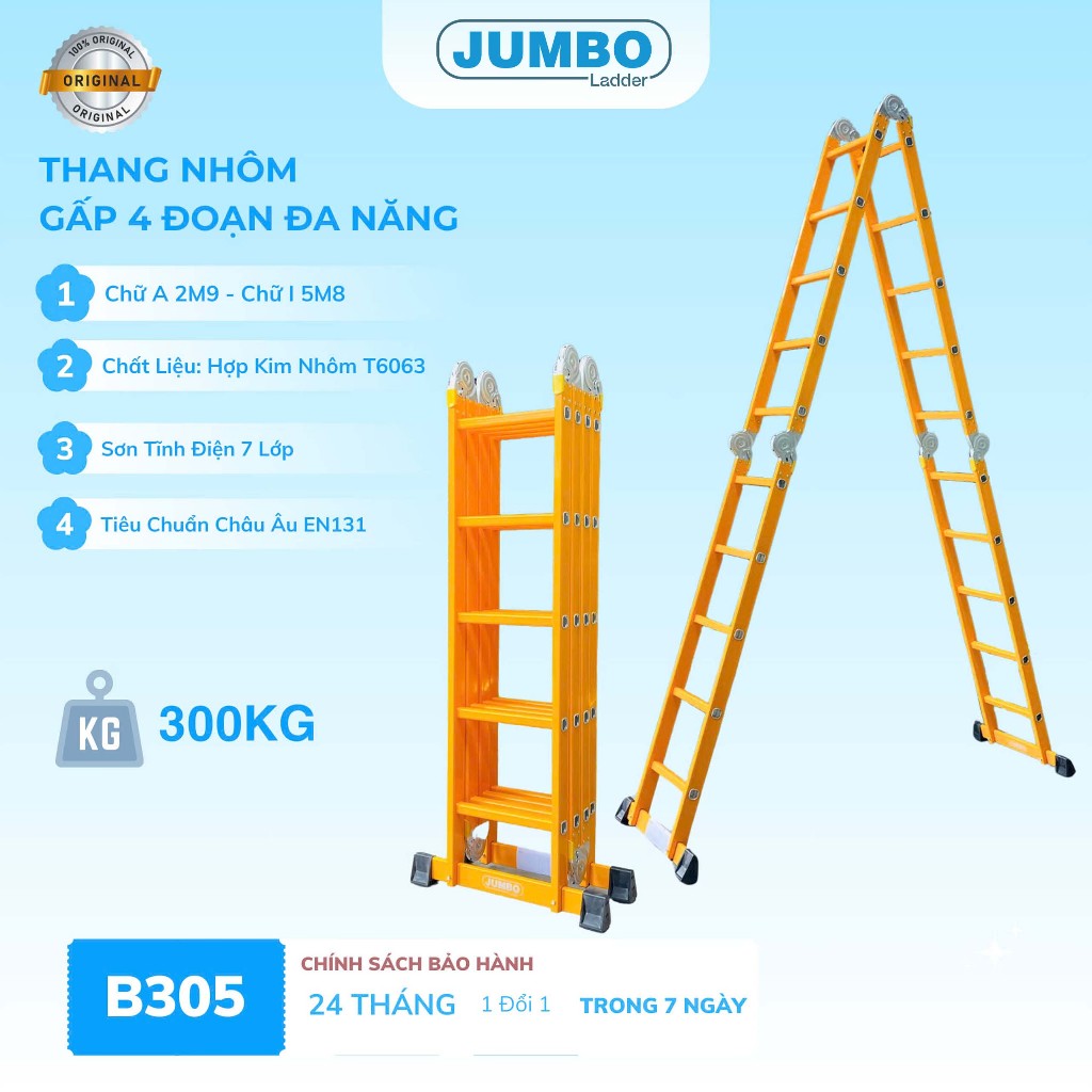 Thang nhôm gấp 4 đoạn JUMBO B305, chữ A cao 2.9m, chữ I cao 5.8m, 14 tư thế sử dụng