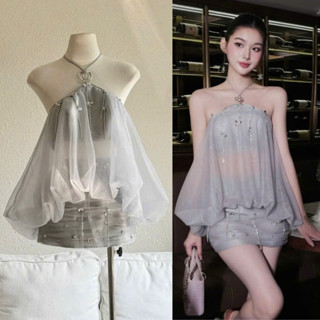 Set Áo Cổ Yếm Kèm Chân Váy Đính Đá Màu Ghi MELLYSTORE Chất Vải Cao Cấp Đẹp Quyến Rũ ,Sang Trọng - Đầm Thiết Kế