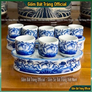  Bộ Kỷ Chén Nước Chén Thờ Cúng Bát Tràng Họa Tiết Hoa Sen Men Lam Cao Cấp 