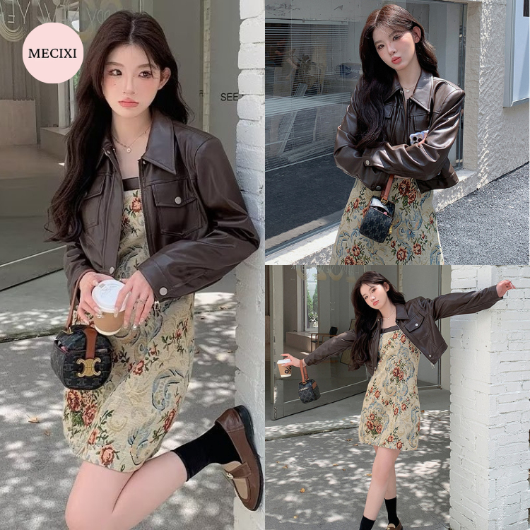 Áo khoác da dáng ngắn cổ bẻ cá tính có khóa zip Mecixi áo khoác da nữ croptop T012