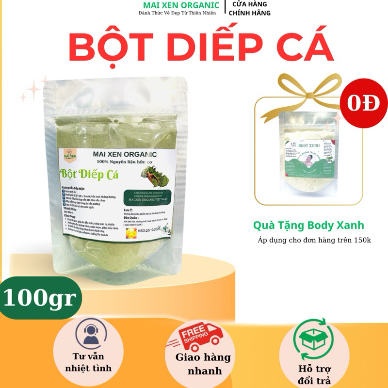 Bột Diếp Cá sấy lạnh 100% Mai Xen - 100gr , Mặt nạ diếp cá hữu cơ giảm mụn, trắng da, mờ thâm sạm