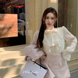  Áo sơ mi nữ dài tay cổ bèo viền ren tơ nhăn phong cách tiểu thư 24Febstudio AKN0004 