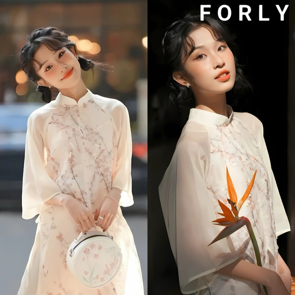 Áo Dài Cách Tân Họa Tiết Hoa Đào Forly Offical Tay Voan Kèm Quần Dài Cạp Chun T032