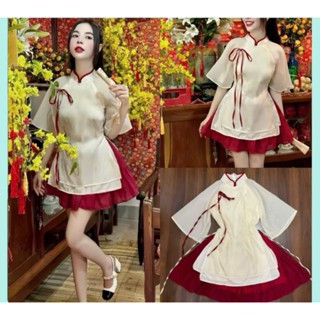 Sét váy thời trang nữ tiểu thư diện tết xinh iu sét tơ áo kem cổ trụ viền đỏ đính nơ tay loe phối chân váy ngắn tùng xòe 