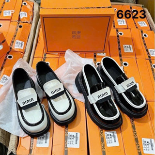 Giày lười nữ đế cao, Giày doc da bóng đế cao 7p phối màu tag Miu tôn dáng hàng đẹp