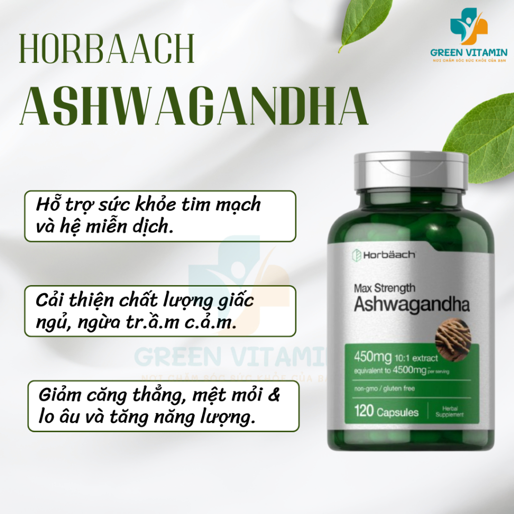 Horbaach Ashwagandha Viên uống nhân sâm Ấn Độ cải thiện sức khỏe 120 viên