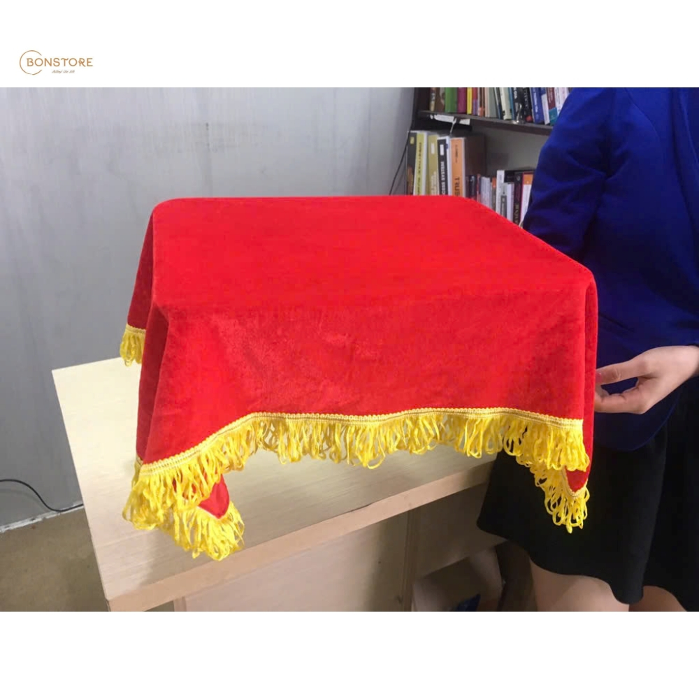 Tấm Vải Nhung Đỏ Viền Vàng Phủ Tráp Đám Hỏi, Đám Cưới, Khăn Phủ Khay Lễ Khai Trương, Khánh Thành