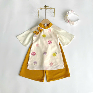 [TẶNG KÈM CÀI] ÁO DÀI THIẾT KẾ FORM TRUYỀN THỐNG CHO BÉ GÁI HOA VÀNG VỚI ÁO TƠ THÊU VÀ QUẦN LỤA MIN BOUTIQUE