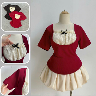  Set bigsize nữ áo thun tay ngắn ruby phối ren kèm chân váy bí lụa xòe mặc mát xinh xắn SET948 