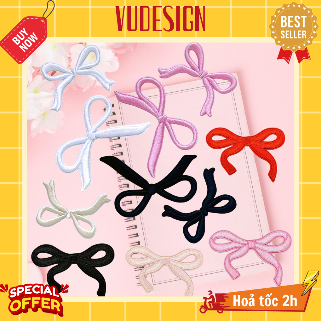 Sticker Vải, Sticker Ủi Thêu Quần Áo, Balo Hình Nơ Ruy Băng Màu Trắng Đen Hồng Vudesign