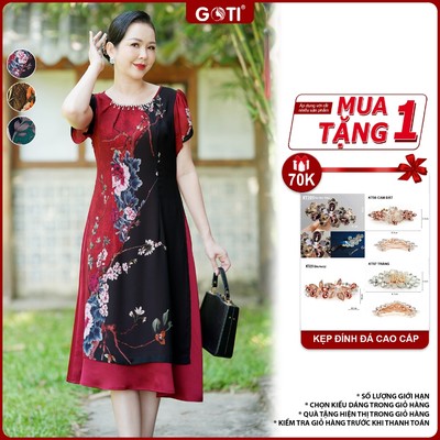 GOTI Đầm Xoè Quà Cho Mẹ Trung Niên In Hoạ Tiết Hoa Sen Cổ Viền Đá Có Size Lớn 48-73kg 3409