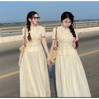 SÉT ÁO REN GỢN SÓNG CỔ TÀU KÈM CHÂN VÁY MAXI DÀI 95CM SET ĐỒ MÙA THU ĐÔNG TẾT SANG CÒN DỄ THƯƠNG