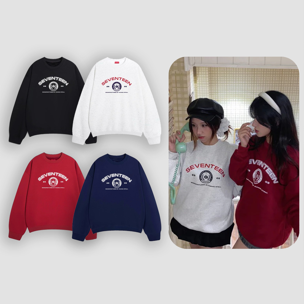 MƯỜI BẢY SWEATER - Áo sweater nỉ bông unisex oversize màu đen/xám nhạt/đỏ/xanh navy