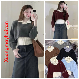  HV - Set Áo len nữ kiểu 2 chi tiết phong cách  Hàn Quốc siêu cute cinh xắn 2 màu đỏ xám hàng QCCC 