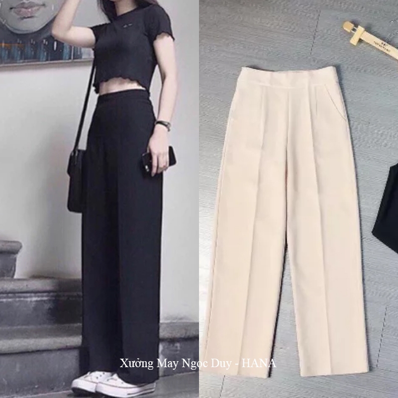 Quần ống rộng khóa sườn hông lưng cao A605 duyên dáng quần tây khóa sườn ống suông rộng dài màu Đen 