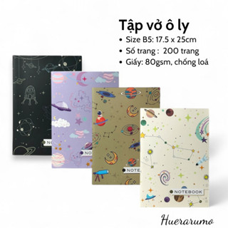 Vở ô ly B5 200 trang HUERARUMO, gáy khâu chỉ bước dài dấu ngoài, giấy cao cấp định lượng 80gsm, in offset.
